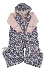 Tmavomodro-růžová květovaná voděodolná jarní kombinéza s kapucí Lupilu