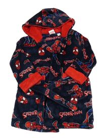 Tmavomodro-červený plyšový župan se Spidermany a kapucí Primark