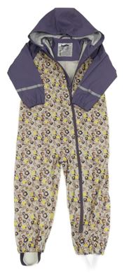 Fialovo-šedá květovaná voděodolná jarní kombinéza s kapucí Lupilu