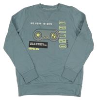 Šedomodrá mikina s nápisy a ovladačem 