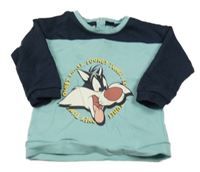 Světlemodro-tmavomodrá mikina s nápisy a kočičkou 