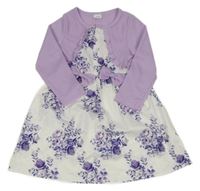 Lila-bílé květované šaty s 3D mašlemi 