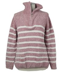 Dámský růžovo-bílý pruhovaný žinylkový svetr se stojáčkem Bonmarché 