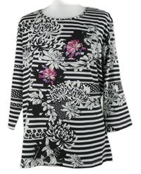 Dámské bílo-črné pruhované triko s květy a kamínky Adagio 