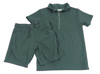 2set- khaki žebrované polo tričko+ kraťasy River Island