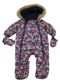 Tmavomodrá květinová šusťáková zimní kombinéza s kapucí+ rukavice F&F