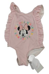 Nové - Růžovo-bílé pruhované jednodílné plavky s Minnie Disney