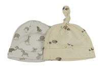 2x bavlněná čepice se zvířaty - bílá + béžová 