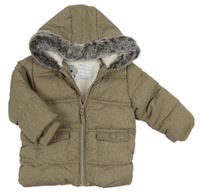 Kávová melírovaná prošívaná šusťáková zimní bunda s kapucí s kožešinou George