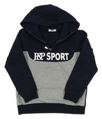 Tmavomodro-šedá mikina s nápisem a kapucí