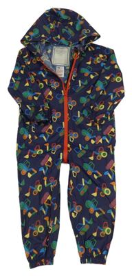 Tmavomodrá šusťáková nepromokavá kombinéza se stavebními stroji a kapucí Mothercare