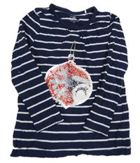 Tmavomodro-bílé pruhované triko s překlápěcími flitr Topolino