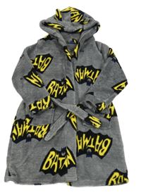 Šedý chlupatý župan s Batmanem a kapucí 