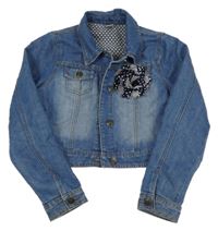 Modrá riflová crop bunda s květem Tu