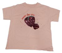 Broskvové tričko s jahodami z překlápěcích flitrů Vertbaudet