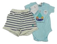 Nové - Tyrkysové body se zvířátky + bílo-tmavomodré pruhované kraťasy Mini Cuddles