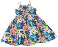 Tmavofialovo-barevné letní šaty s lístečky a uzlem Tu