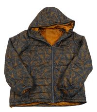 Tmavošedo-medová prošívaná šusťáková zateplená bunda s kytarami a kapucí HIP&HOPPS