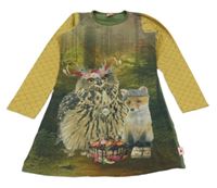 Hnědo-okrovo-khaki šaty se sovičkou a liškou 