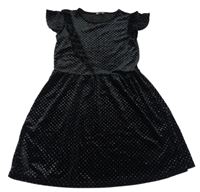 Černé puntíkaté sametové šaty s volánky TEX