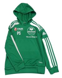 Tmavozeleno-bílá funkční sportovní mikina s nápisy a kapsou a kapucí Adidas