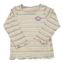 Barevné pruhované žebrované triko s 3D květem 