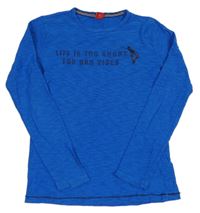 Cobaltově modré melírované triko s nápisy a skateboardistou S. Oliver