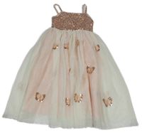Smetanovo-světlerůžové tylové letní šaty s motýlky a flitry H&M