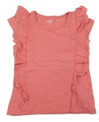 Korálové melírované tričko s volánky s madeirou C&A