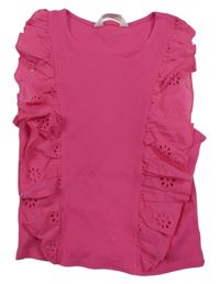 Tmavorůžový žebrovaný crop top s volánky s madeirou H&M