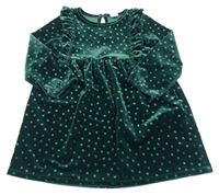 Tmavozelené puntíkaté sametové šaty s volánky H&M
