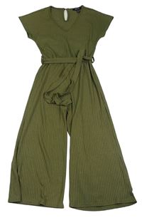 Khaki žebrovaný culottes  overal s páskem New Look