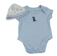 2set - Světlemodré body s dinosaurem + bílá bavlněná čepice s dinosaury