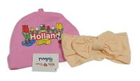 2set - Růžová bavlněná čepice s tulipány a sýrem + meruňková čelenka s mašlí