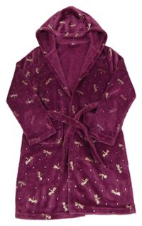 Vínový chlupatý župan s vážkami a kapucí