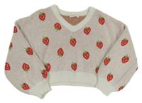 Smetanový crop svetr s jahodami Shein