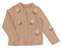 Starorůžová vzorovaná propínací úpletová mikina s květinami