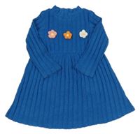 Modré melírované žebrované úpletové šaty s květinami