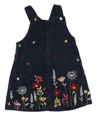 Tmavomodré manšestrové laclové šaty s výšivkami květů F&F