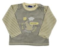 Šedo-žluté sametové triko se zeměkoulí a pruhy na rukávech Lupilu