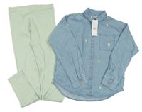 Nové - 2set - Modrá riflová halenka s výšivkami květin + světlezelené žebrované legíny George