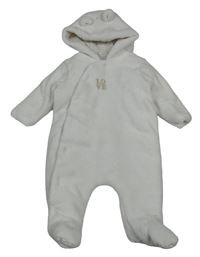 Bílá chlupatá zateplená kombinéza s nápisem a kapucí Mothercare