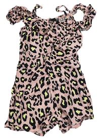 Růžovo-černý lehký leopardí kraťasový overal Primark