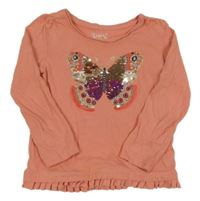 Starorůžové triko s motýlkem z flitrů C&A