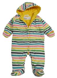 Žluto-bílo-barevná pruhovaná tepláková zateplená kombinéza s kapucí 