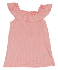 Růžovo-bílý pruhovaný top s volánkem 