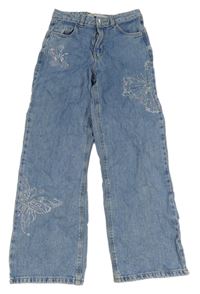 Světlemodré široké rifle s motýlky s kamínků Denim Co.
