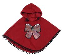 Červené fleecové pončo s bambulemi a mašlí z flitrů a kapucí 