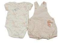 Nové - 2set - Smetanovo-růžové vzorované body + bílo-růžové pruhované laclové kraťasy F&F