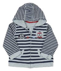 Tmavomodro-světlemodrá pruhovaná propínací mikina s auty a kapucí George